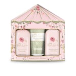 Lahjasetti naisille Baylis & Harding Royale Garden Rose, Poppy & Vanilla Luxury Trio Bathing: vartalopesu 300 ml + suihkuvoide 300 ml + vartalomaito 200 ml.