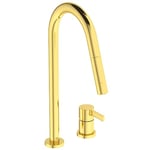 Ideal Standard - Goût, Mitigeur monocommande pour évier de cuisine à deux trous, Bouche haute tubulaire avec douchette orientable et amovible à deux fonctions, Brushed Gold