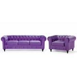 Ensemble Canapé et Fauteuil en Velours Violet Dossier à Points Diamant Chesterfield