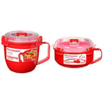 Sistema Microwave Small Soup Mug | Microwave Food Container | 565 ml | Red/Clear & Microwave Breakfast Bowl | Round Microwave Container with Lid & Steam Release Vent | 850 ml | Red | 1 Count