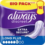 Always Discreet Incontinence Pads, Long, Plus, 16 Towels, BIGGER PACK