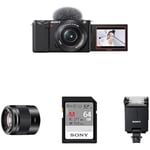 Sony Alpha ZV-E10L | APS-C Mirrorless interchangable-lens vlog camera with 16-50mm lens + Portrait Creator kit including: E 50mm F1.8 OSS Lens, Memory Card and Flash