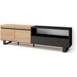 Meuble tv, Banc Télé, Grand espace de Rangement, 200x57x35cm, Pour les tv jusqu'à 80', Design industriel, Style moderne, Chêne et noir - Skraut Home