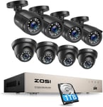 ZOSI H.265+ 8CH 1080P DVR avec 8X Caméra de Surveillance Extérieure 1To CCTV