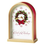 Howard Miller Carols of Christmas II Table Clock 645-424 – Satin Brass Finish, Red Marble Tone Sides, Decorative Wreath Center, 12 Musical Carols, Quartz Movement