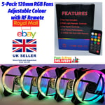 5 Pack 120MM RGB Case Fan Set With Hub Controller And Remote Control LED Cooling