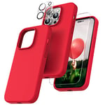 TOCOL 5 in 1 for iPhone 14 Pro Case, with 2 Pack Tempered Screen Protector + 2 Pack Camera Lens Protector, Liquid Silicone Slim Shockproof Cover [Anti-Scratch] [Drop Protection] 6.1", Red