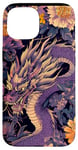 Coque pour iPhone 15 Violet Art Déco Floral Dragon Japonais Samouraï Esthétique