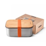 BLACK+BLUM - Sandwich Box - Stainless Steel, Plastic-Free Lunch box with Leak Proof, Lightweight, Multi-Purpose Bamboo Lid, Chopping and Serving Board - Orange - Large, 1.25L