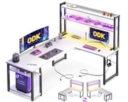 ODK Bureau Gaming avec LED, Bureau avec Étagère Réversible, Bureau en L avec Prises et Ports USB, Bureau Gaming Blanc avec Compartiments et Rangement, 160×120 cm