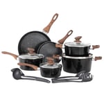 DishDelight 15 Piece Non-Stick Cookware Set, Nonstick Induction Granite-Coated Pots and Pans Set, Nonstick Saucepans Set, Black