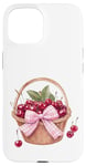 Coque pour iPhone 15 Noeud coquette rose sur un panier en osier avec cerises