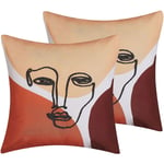 2 Coussins Décoratifs Orange Beige et Rouge avec Dessin Visage Moderne et Design pour Canapé ou lit Beliani