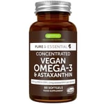 Vegan DHA & EPA Omega 3 Algae Oil & Astaxanthin Antioxidant, 1344mg Omega 3, Pure & Sustainable, 60 Small Softgels, 400mg DHA & 200mg EPA, Clean Label, Easy-to-Swallow, 30 Servings, by Igennus