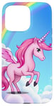 Coque pour iPhone 15 Pro Max Licorne rose avec arc-en-ciel pour les amateurs de licorne, design mignon