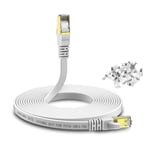 Câble Ethernet 15m Cat 8 Plat, Câble RJ45 Avec Connecteurs Plaqués Or - Cable Réseau LAN Haut Débit 40 Gb/s - 2000 MHz - Blanc