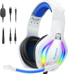 PG1 Casque Gaming pour PS4/PS5/PC/Xbox/Nintendo Switch, Casque Gamer avec Son Microphone Stéréo AI, Casque PS5 avec Prise Jack 3,5 mm et lumière RVB, Blanc/Bleu