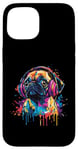 Coque pour iPhone 15 Pug Lovers Pop Art portant des écouteurs drôles de carlin