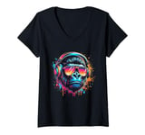 Womens Monkey DJ Disco Music Lover Headphones Gorilla Chimpanzee V-Neck T-Shirt