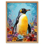 King Penguin in Colourful Floral Flowers Nest Thick Paint Oil Painting Yellow Black Blue Colourful Artwork Art Print Framed Poster Wall Decor 12x16 in