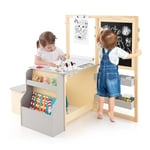 GOPLUS Bureau Enfant avec Rangement, Tableau Chevalet Enfant Double Face Ajustable, Table d'Activité avec Banc, Rouleau de Papier, Tableau Blanc/Noir, Bureau Enfant Fille Garcon 3+Ans, Gris