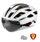 Shinmax Casque de Vélo avec Éclairage LED, Casque Velo pour Homme Femme Casque Vélo avec Lunettes Magnétique Amovible Visiere Casque VTT et VTC avec Éclairage de Sécurité Casque Cyclisme Route NR-096