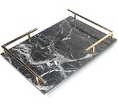 PuTwo Decorative, MDF Marble Print, Handmade, Perfume, Jewelry Gold Metal Handle, Trinket, Catchall Tray for Dresser Bathroom Vanity Table-Black, 42307.3 cm