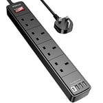 Extension Lead with 4 USB Slots (3.4A, 1C and 3A Ports),POWSAF Power Strip Extension cord with 4 way plug extension Socket and 2M Extension Cable for Home Office Travel holiday essentials,Black