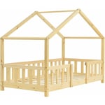 Lit cabane pour enfant forme de maison avec barrière de sécurité en bois de pin couleur naturel 70 x 140 cm