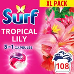 Surf 3 in 1 Tropical Lily Laundry Washing Detergent Capsules joy-infused fragrance with natural essential oils lasting up to 12 hours in wear for brilliantly clean results 108 washes (3x 36 capsules)