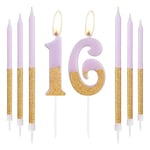 Gold Purple Birthday Candles, Gold Number 16 Candles with Long Candles, Purple Happy 16th Birthday Candles for Cake, Girls 16th Birthday Cake Decorations, Birthday Cake Toppers, Wedding Anniversary