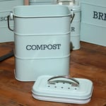 Retro Blue Compost Bin 3 Litre Vintage Steel Metal Airtight Wood Handle Kitchen