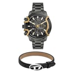 Diesel Montre pour Homme en Acier Inoxydable Gris Griffed et Bracelet en Cuir Noir Stackables, Set