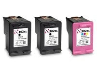 3 x 302 XL Black & Colour Refilled Ink Cartridges For HP Officejet 3833 Printers