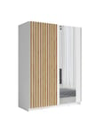 Armoire design 150cm coloris blanc et chêne collection STRANO. Deux portes coulissantes. Dressing complet avec miroir.