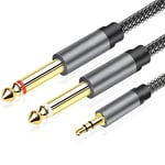 Câble Audio 3.5mm vers Double Jack 6.35mm 2M, Adaptateur Double Jack 6.35 Mâle vers 3.5 Mâle Mono Y Splitter Jack Câble d'Instrument Nylon Tressé pour Parleurs, Table de Mixage, Cinéma Maison