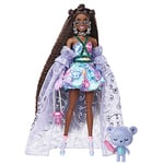 BARBIE BRAND Extra Fancy Doll in Teddy-Print Gown with Sheer Train, Teddy Bear Pet, Extra-Long Hair & Accessories, Flexible Joints, Toy for 3 Year Olds Up, HHN13, Multicolor