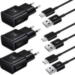 3 Pack Usb Chargeur Avec Câble Compatible Avec Samsung S20 S20 Fe S10 S10 Se S9 S8 A53 A52s A51 A50 A41 A40 Charge Rapide + Type C Câble - Noir