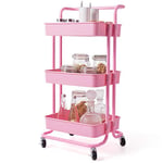 COSTWAY Chariot de Rangement avec 3 Paniers et Poignée, Chariot de Service en Métal Anti-Rouille, Desserte à Roulettes Charge Max. 60KG pour Cuisine, Bureau,Bibliothèque, Salon, 42 x 35 x 87 CM (Rose)