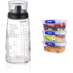 Leifheit Salad Dressing Shaker, 5 Imprinted Recipes, Glass Bottle, Non-Drip Spout, Dishwasher Safe & Sistema KLIP IT PLUS Food Storage Containers | 1 L | Leak-Proof