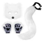 Konstgjord Pälsräv Svans Katt Varulv Cosplay Kostym Set Plysch Mask Fluffiga Tassar Handskar Halloween Jul White One Size