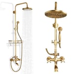 Gmusre Ensemble de robinet de douche en laiton antique de 20,3 cm avec pommeau de douche à effet pluie avec poignée de douche cascade, bec de baignoire, système de douche extérieur mural avec étagère