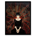 Wee Blue Coo Arachnophilia Oil Painting Black Red Woman and Arachnid Spider Friends Halloween Conceptual Artwork Framed Wall Art Print A4