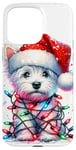 iPhone 15 Pro Max West Highland White Terrier Santa Hat Christmas Lights Snow Case