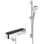 Hansgrohe Pack Mitigeur thermostatique bain/douche 400 avec tablette, bec déverseur rotatif + Set de douche 2 jets, Chrome