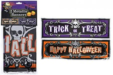 "Happy Halloween" & "Trick or Treat" Assorted Foil Metallic Banners (3 ft.) Pack of 2 - Festive & Vibrant Halloween Decor, Perfect for Haunted House, Scary Movie Nights, & More