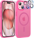 5 In 1 Magn??Tique Coque Compatible Avec Iphone 15 Aimant??E Avec 2 Verres Tremp??S Et 2 Cam??Ra Protecteur, Compatible Magsafe Dos Anti Rayures Coque Antichoc Tpu Bumper Case (Rose Vif)