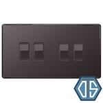 BG FBN44 Black Nickel Satin Quad Light Switch 4 Gang 2 Way Screwless Flatplate