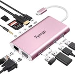 Tymyp Hub USB C, répartiteur USB C avec 4 K HDMI, VGA, 100 W PD, Ethernet, SD/TF, Audio 3,5 mm, 4 Ports USB A, Adaptateur USB C 11 en 1 pour MacBook Pro/Air, Surface Pro et Plus d'appareils de Type C