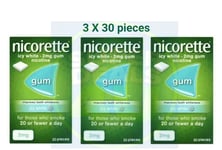 Nicorette Gum 2mg Icy White Gum.  3 X 30 pieces